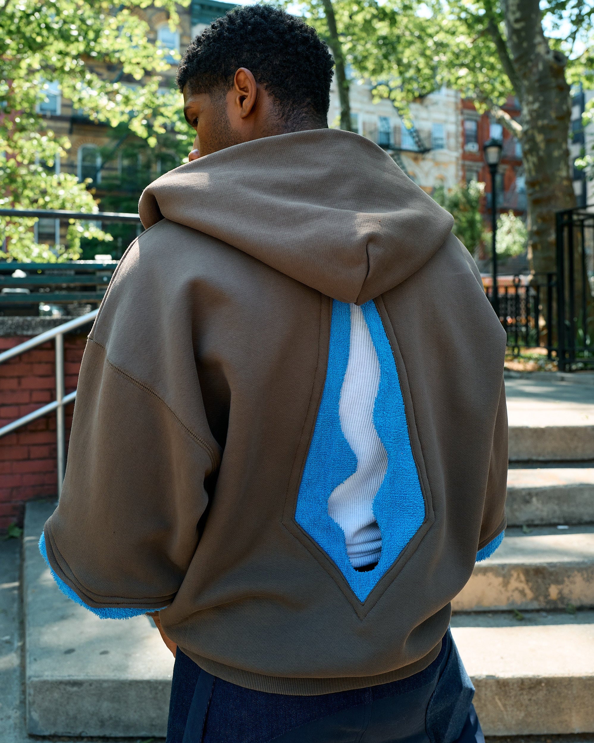 Zip Hoodie in Brown with Terry Cloth Cutout Tie Detail