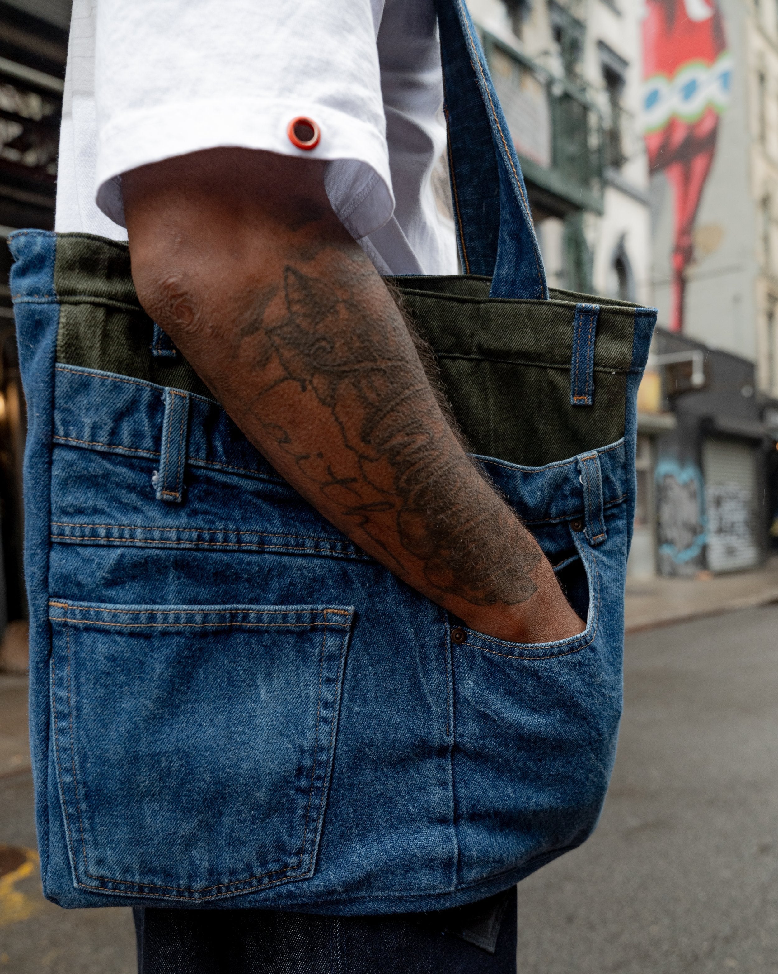 Upcycled Denim Bag with Jean Pocket Detailing and Fly Pocket