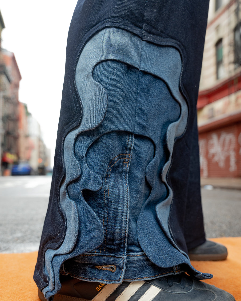 Straight-Leg Denim Pants with Layered Hem and Upcycled Fly Details