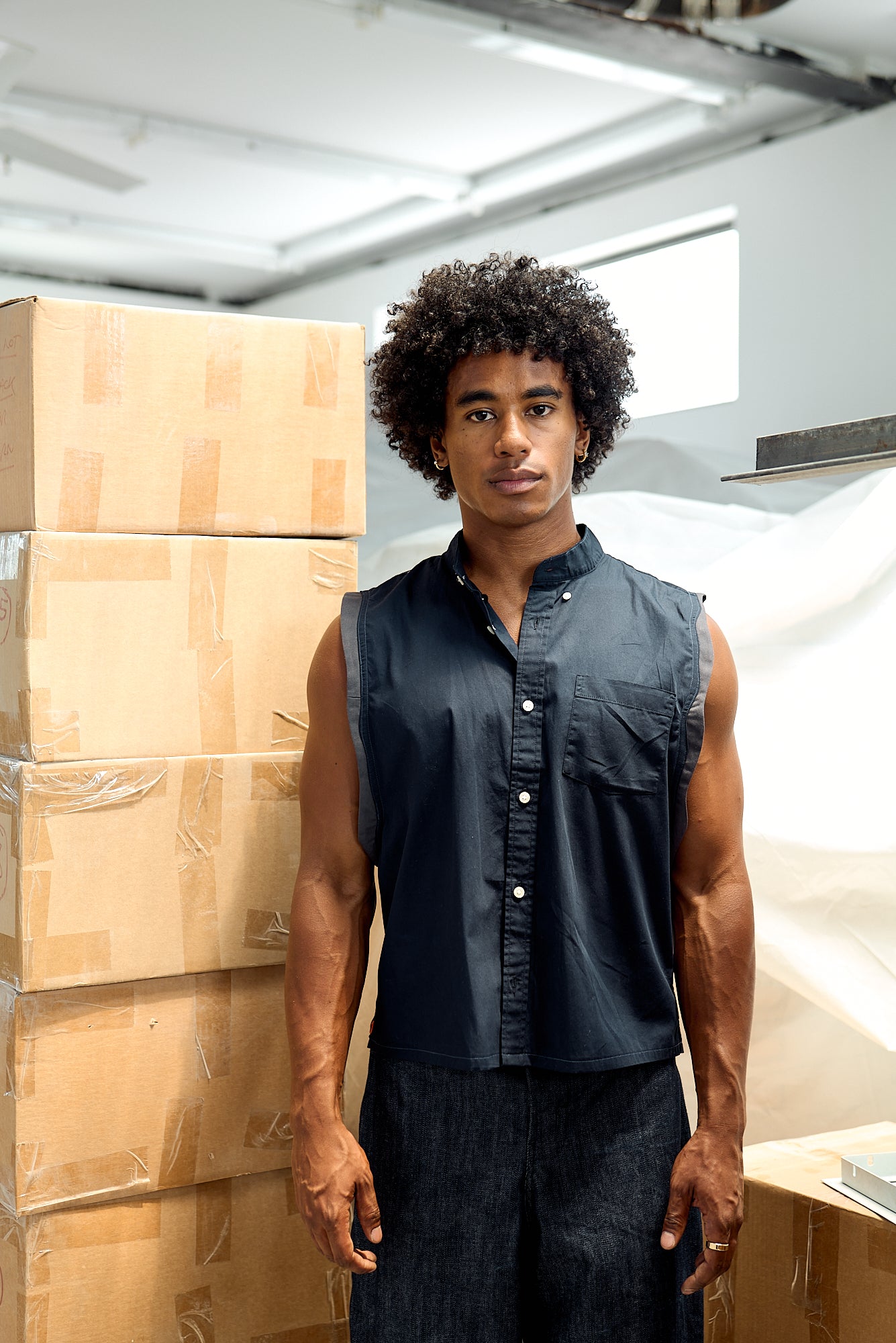 Navy Sleeveless Button-down