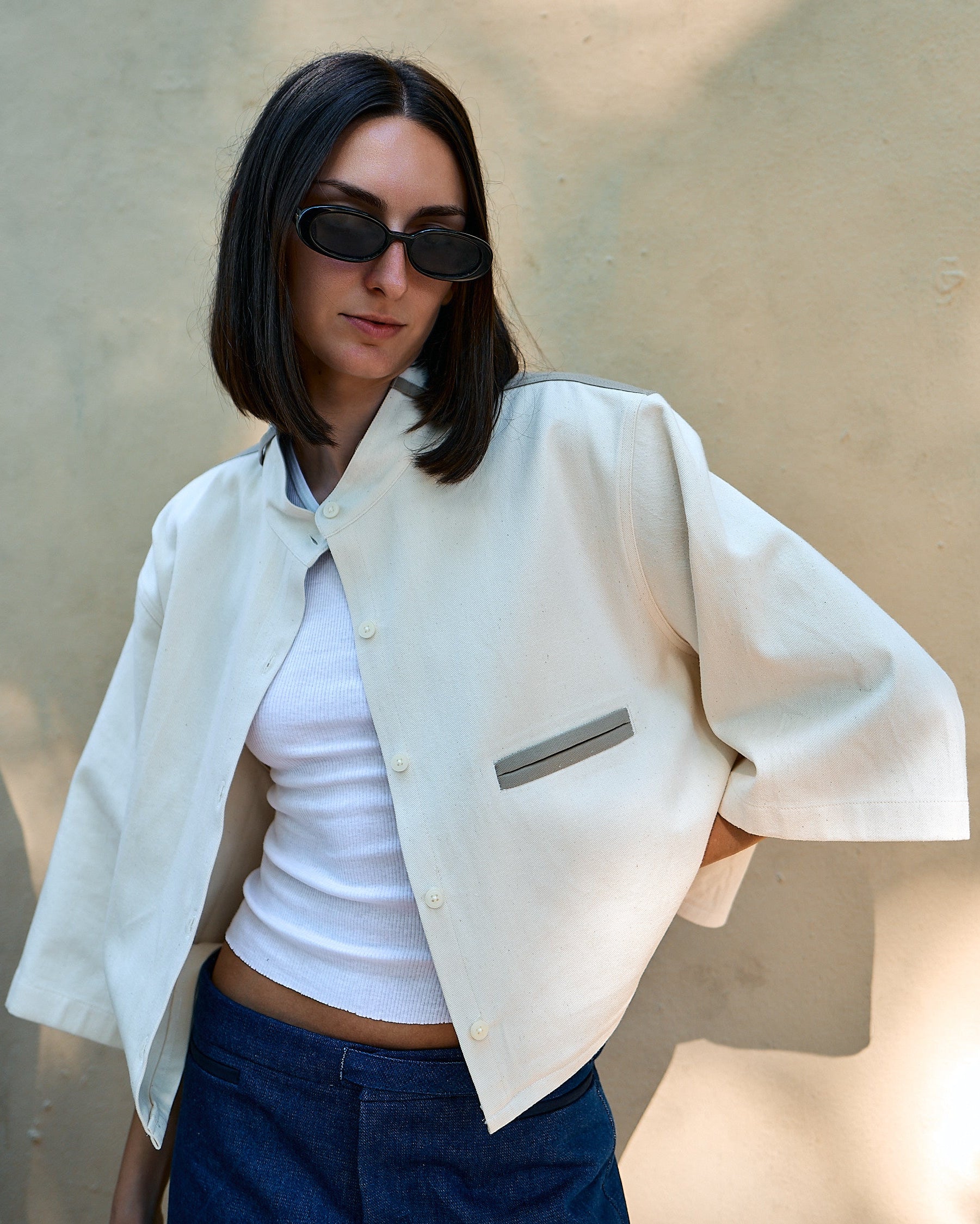 The Cropped Sand Tie Button-Down