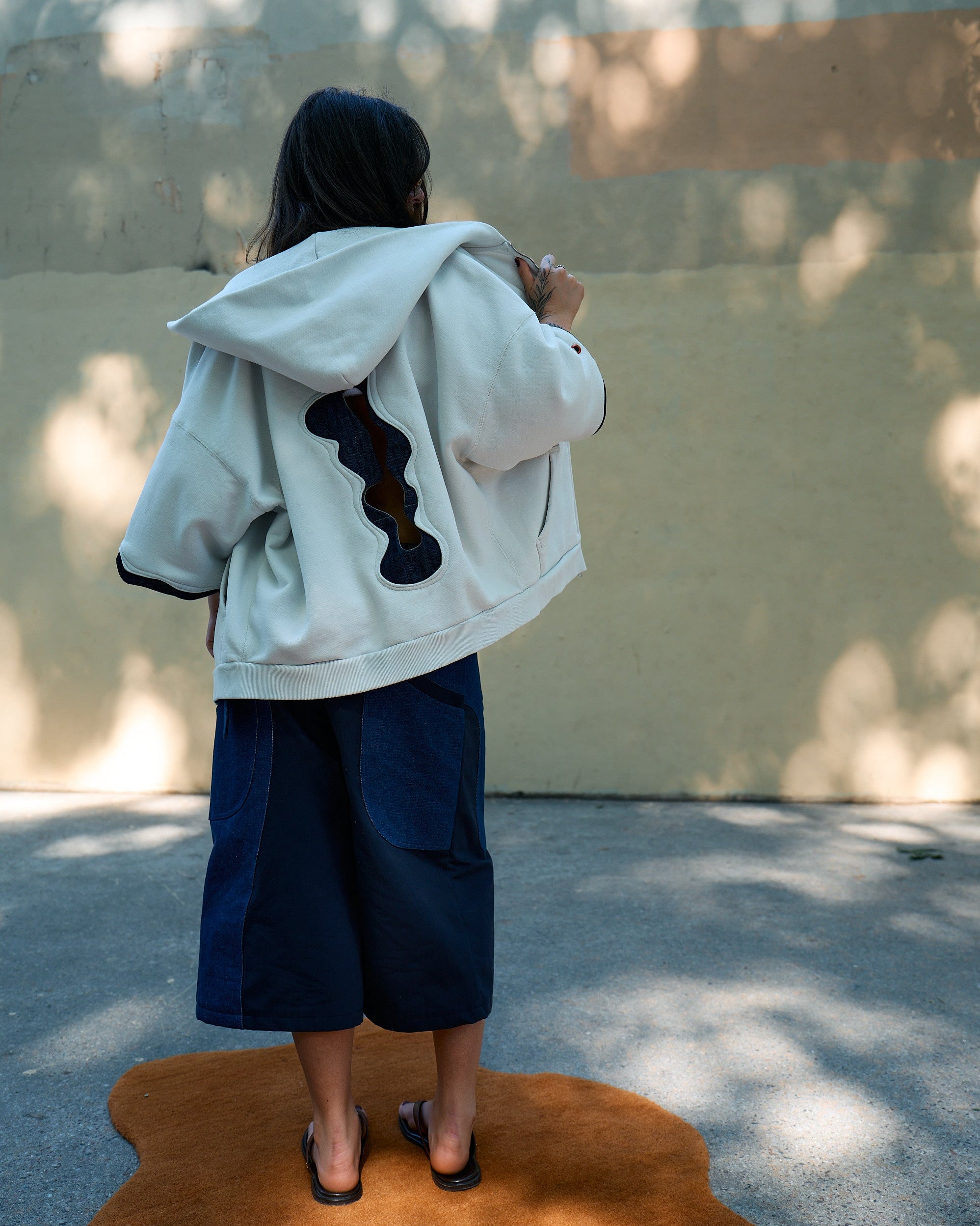 Zip Hoodie in Cotton Fleece with Denim Cutout