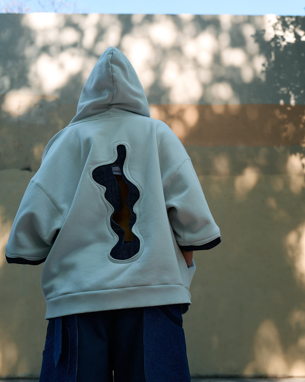 Zip Hoodie in Cotton Fleece with Denim Cutout