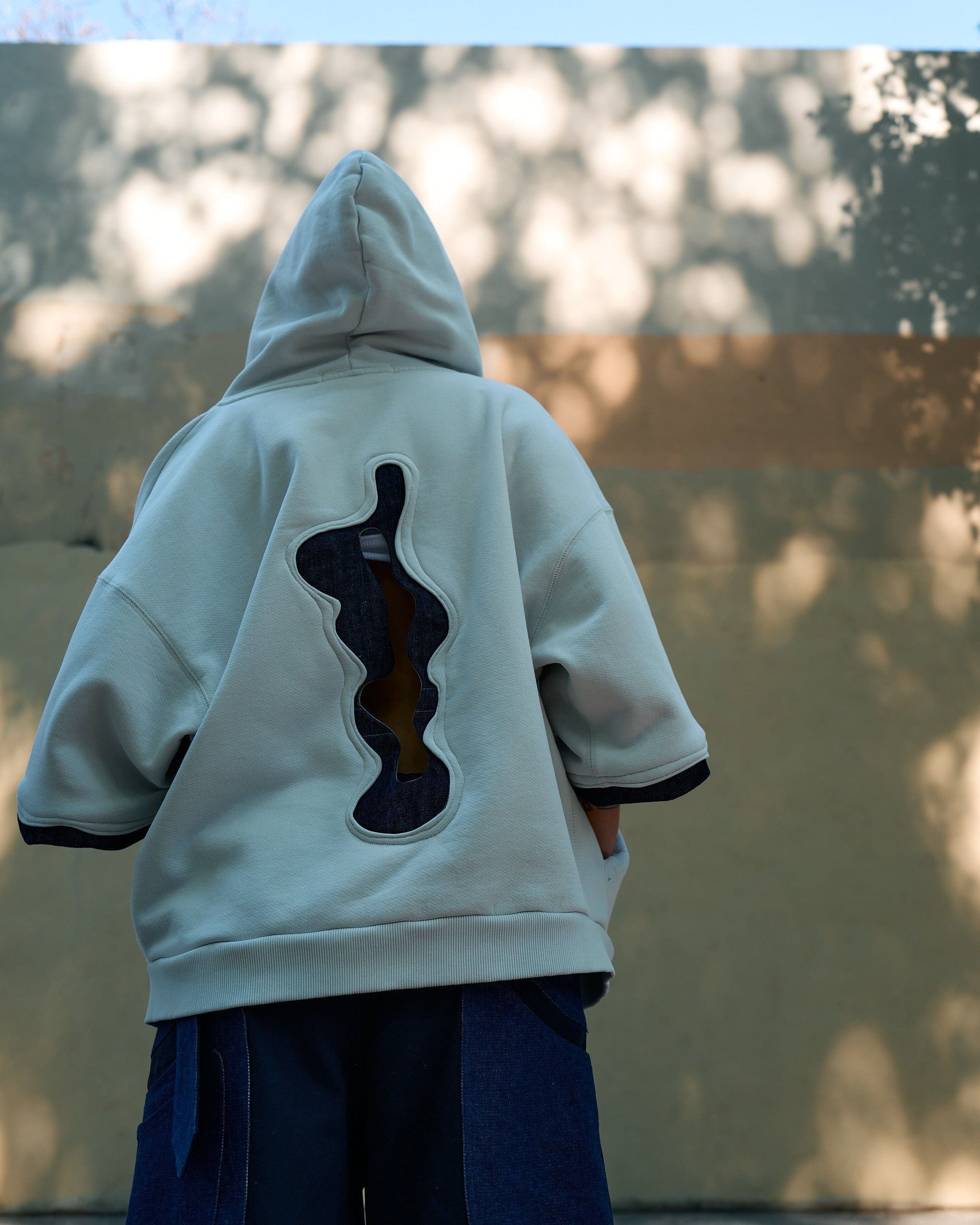 Zip Hoodie in Cotton Fleece with Denim Cutout