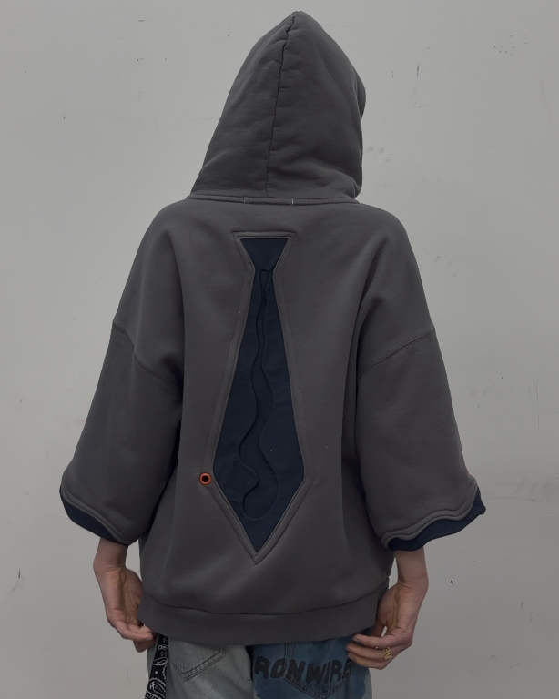 Zip Hoodie in Gray with Navy Tie Detail