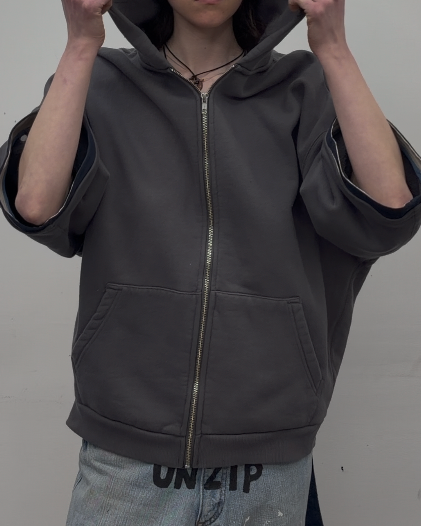 Zip Hoodie in Gray with Navy Tie Detail