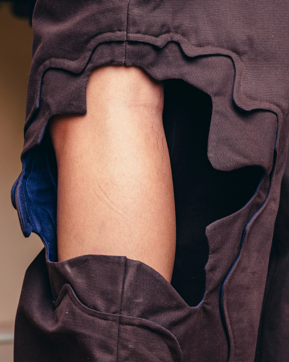 Straight-Leg Pants in Brown with Amoeba Cutout and Built-In Belt