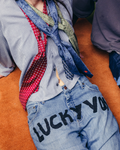 Straight-Leg Jeans with "Lucky You" Fly and Leg Cutout