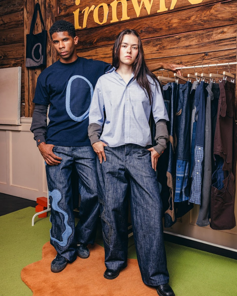 Balloon-Leg Pants in Dark Navy Denim with Amoeba Detailing