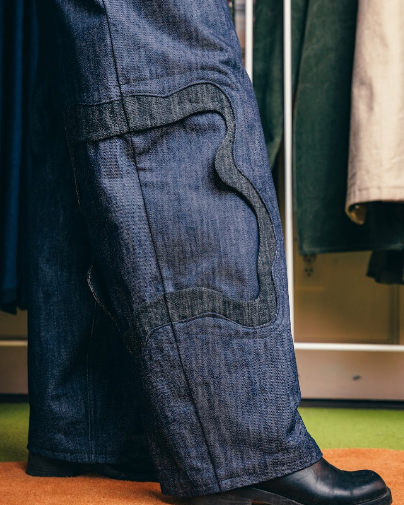 Balloon-Leg Pants in Dark Navy Denim with Amoeba Detailing