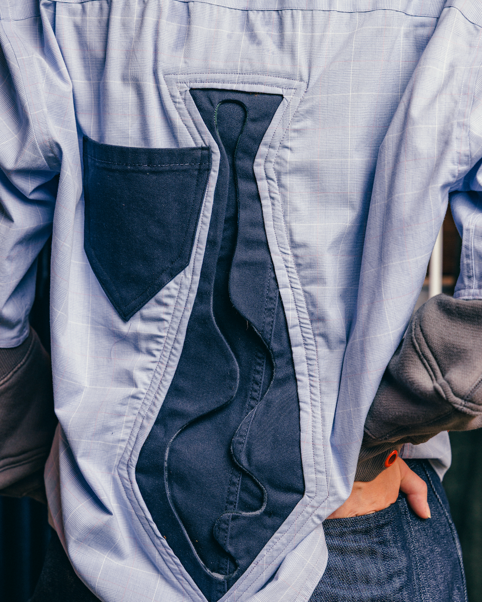Button-Down Shirt in Blue with Tie Cutout and Back Pocket