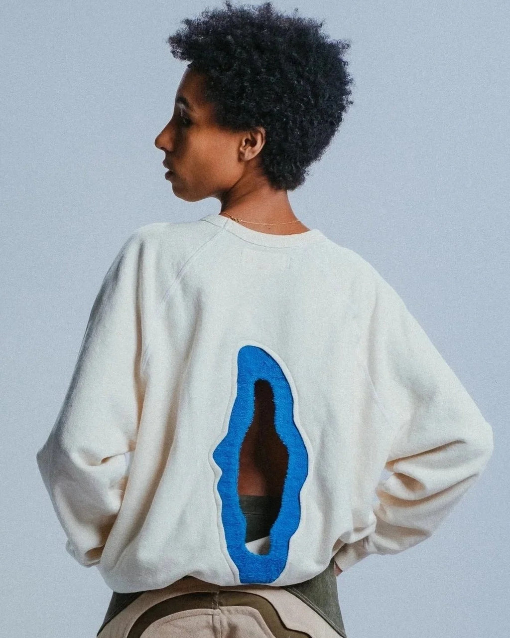Crewneck Sweater in Off-White with Blue Terry Cloth Cutout