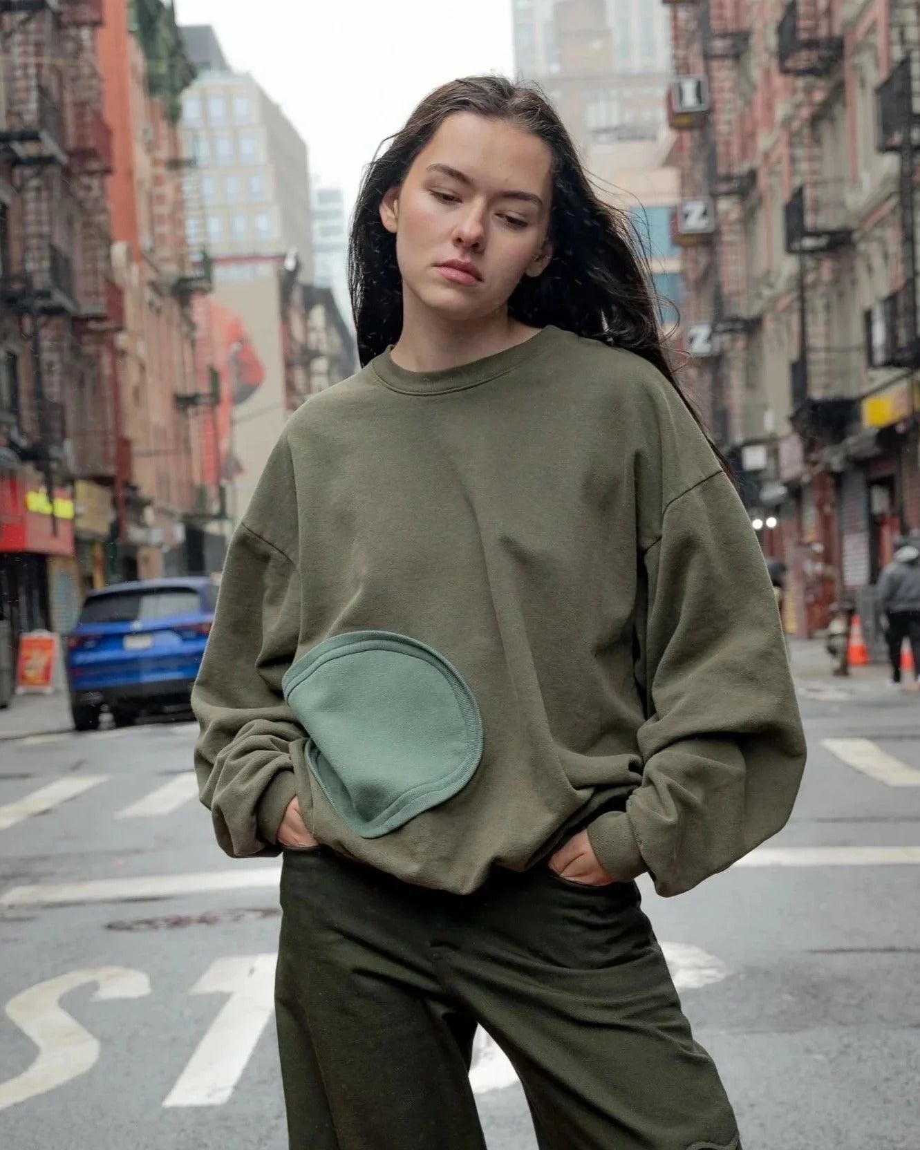 Crewneck Pullover in Green with Tonal Dot Detail