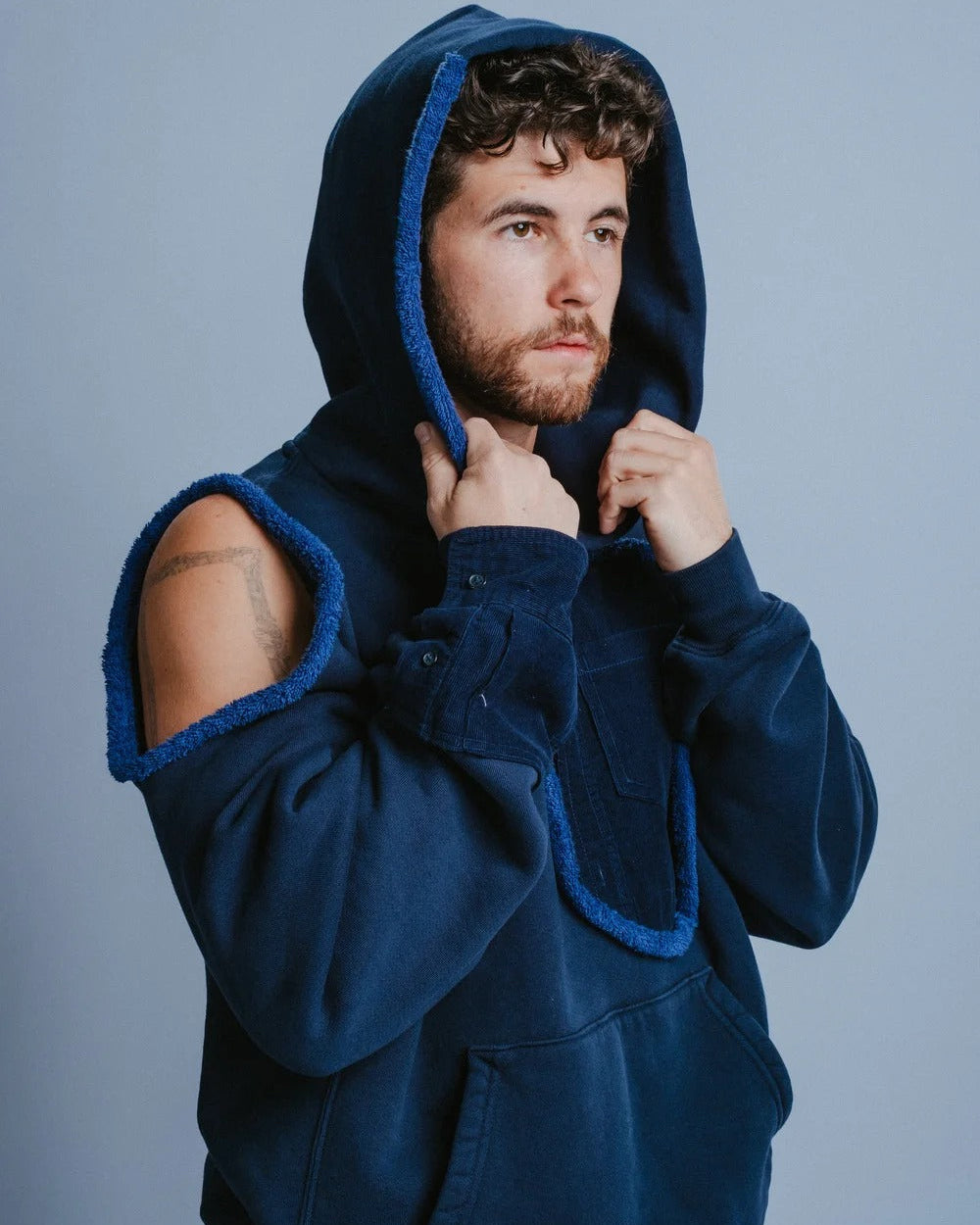 Hoodie in Navy with Terry Cloth Shoulder Cutout and Dot Detail