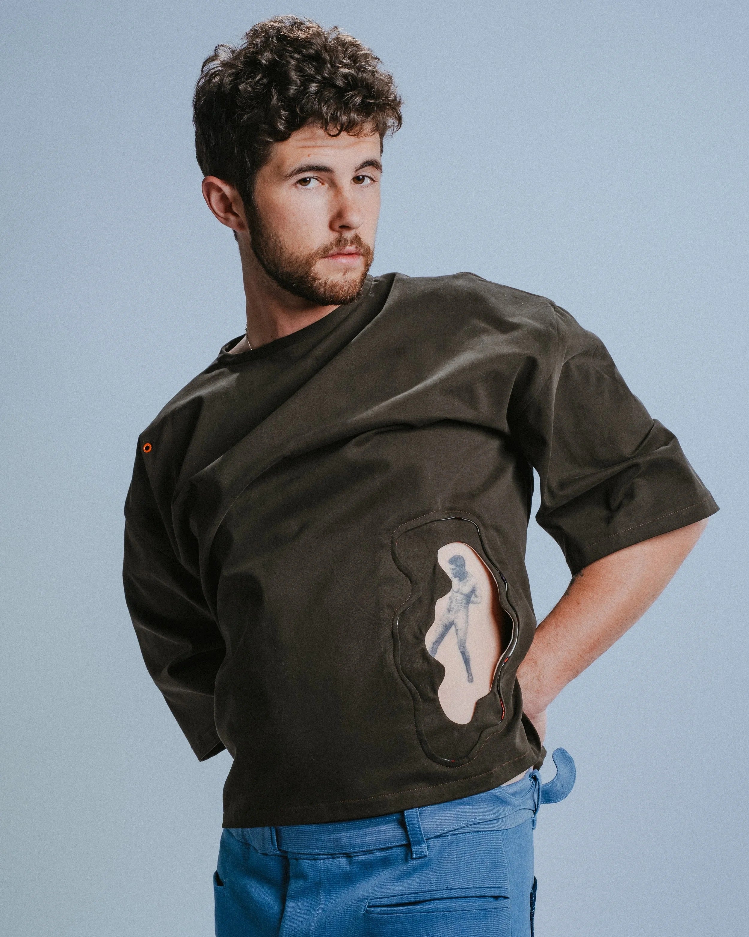 T-Shirt in Forest Green Velvet Cotton with Dual Cutouts