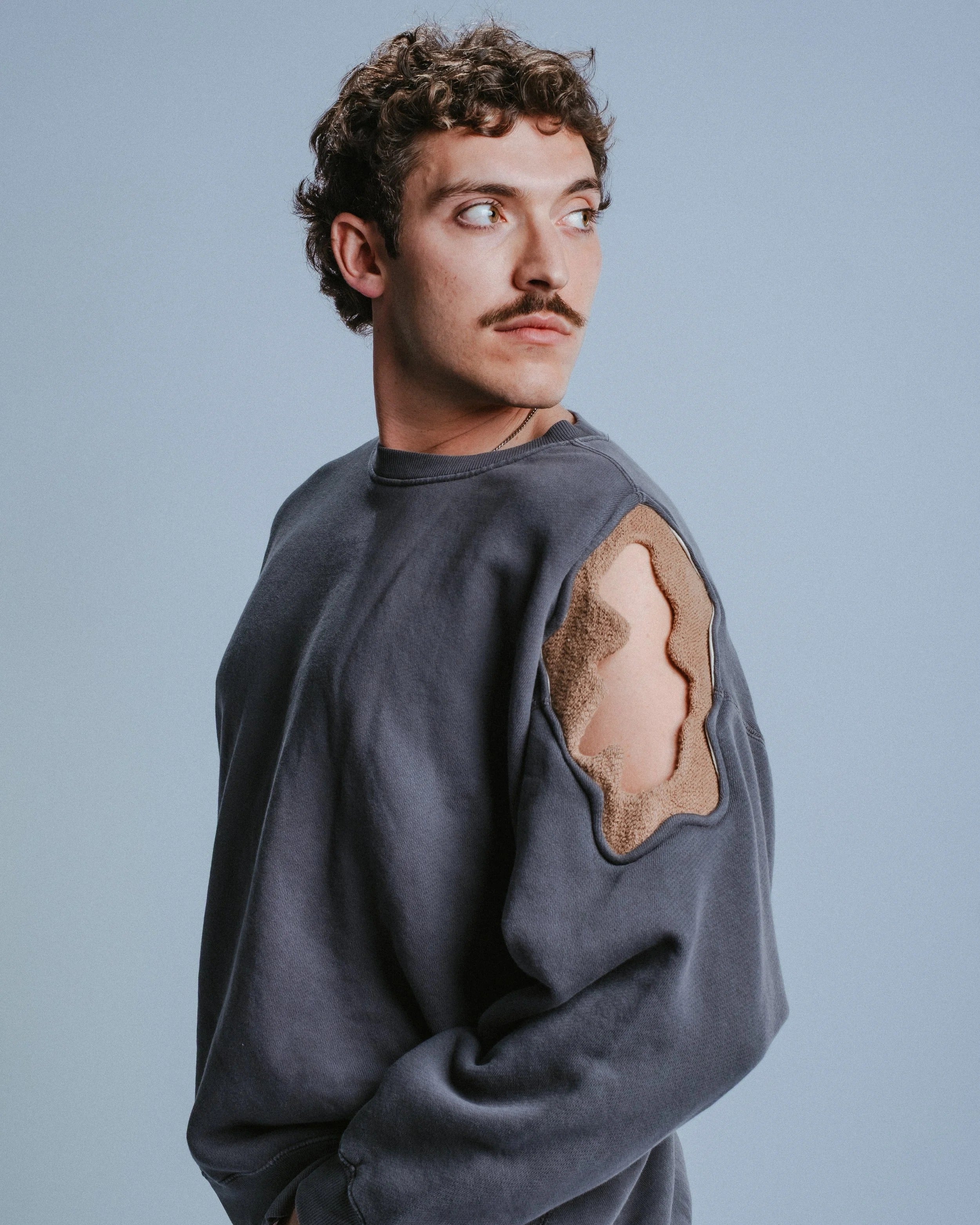 Crewneck Pullover in Gray with Brown Terry Cloth Shoulder Cutout