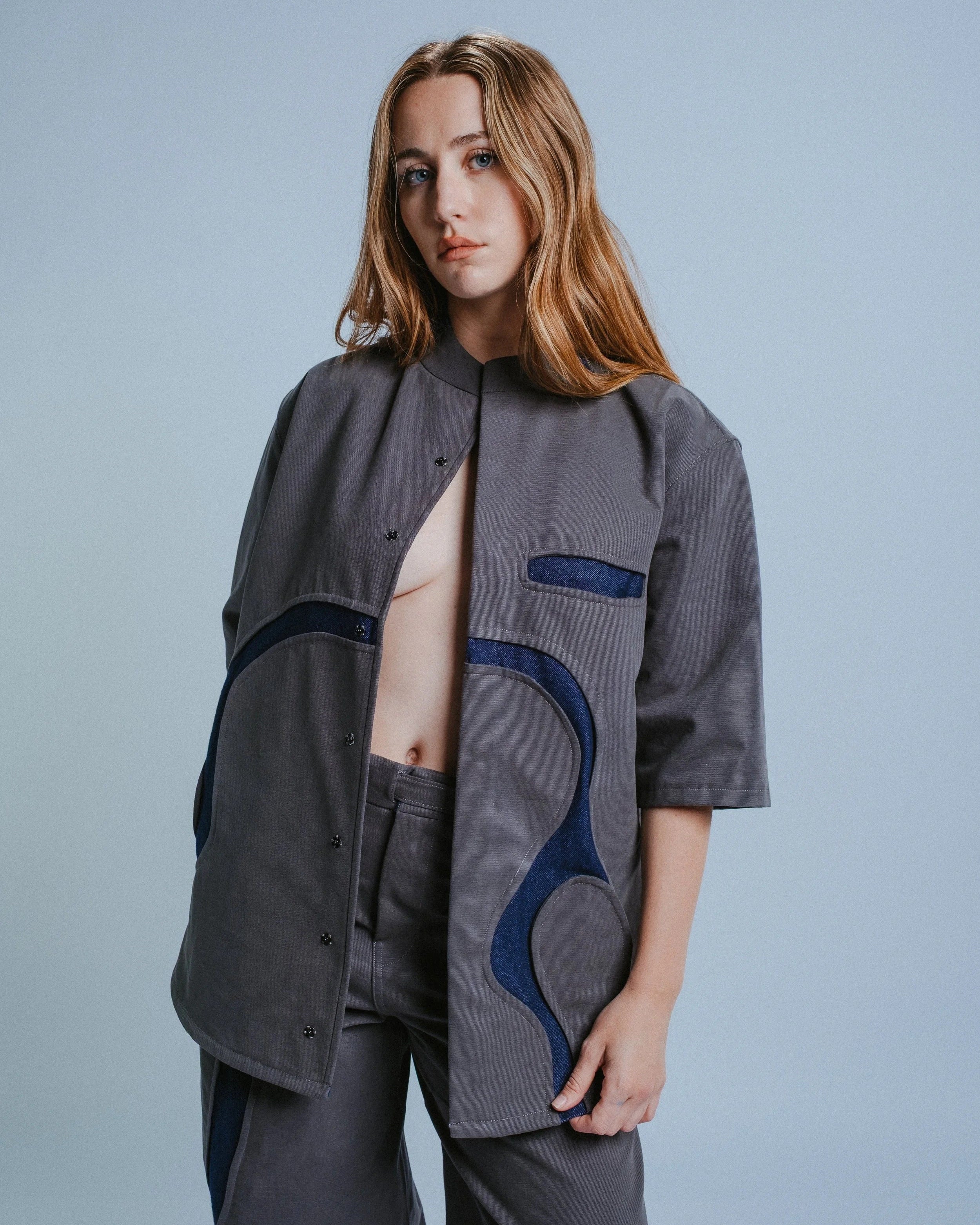 Button-Down Shirt in Gray with River Map Piping and Snap Front