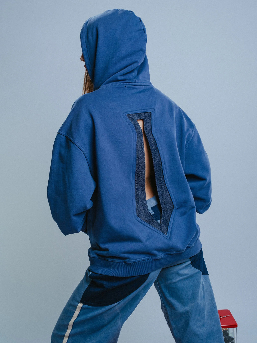 Hoodie in Blue with Denim Menswear Detail and Tie Cutout