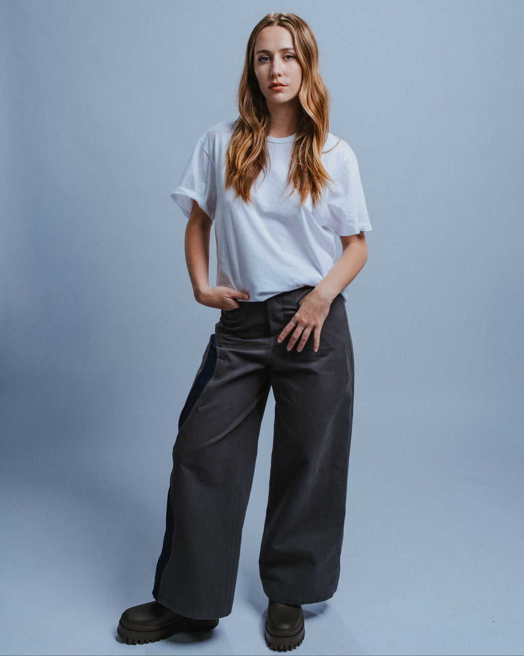 Straight-Leg Pants in Gray with River Map Detailing and Calf Cutouts