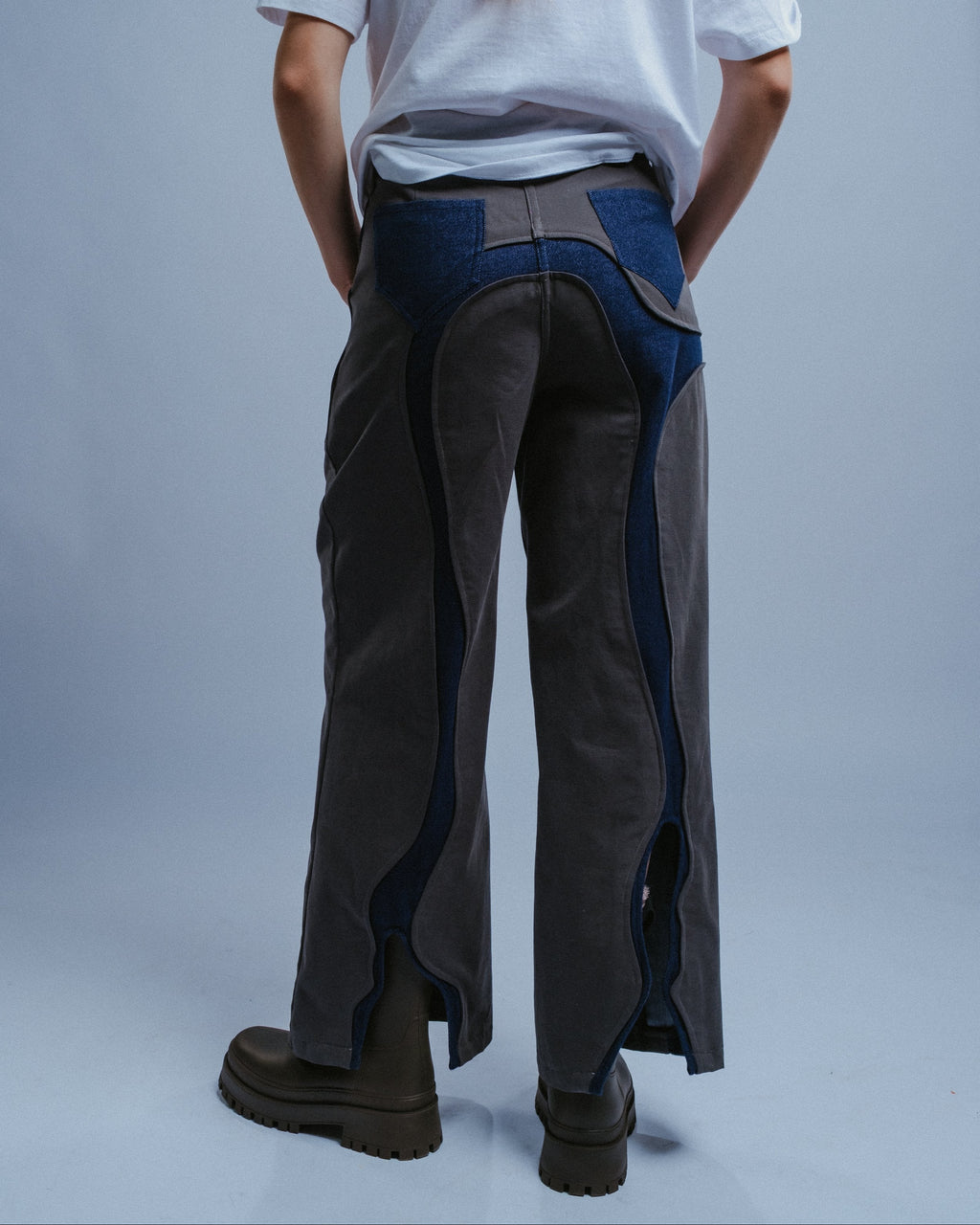 Straight-Leg Pants in Gray with River Map Detailing and Calf Cutouts
