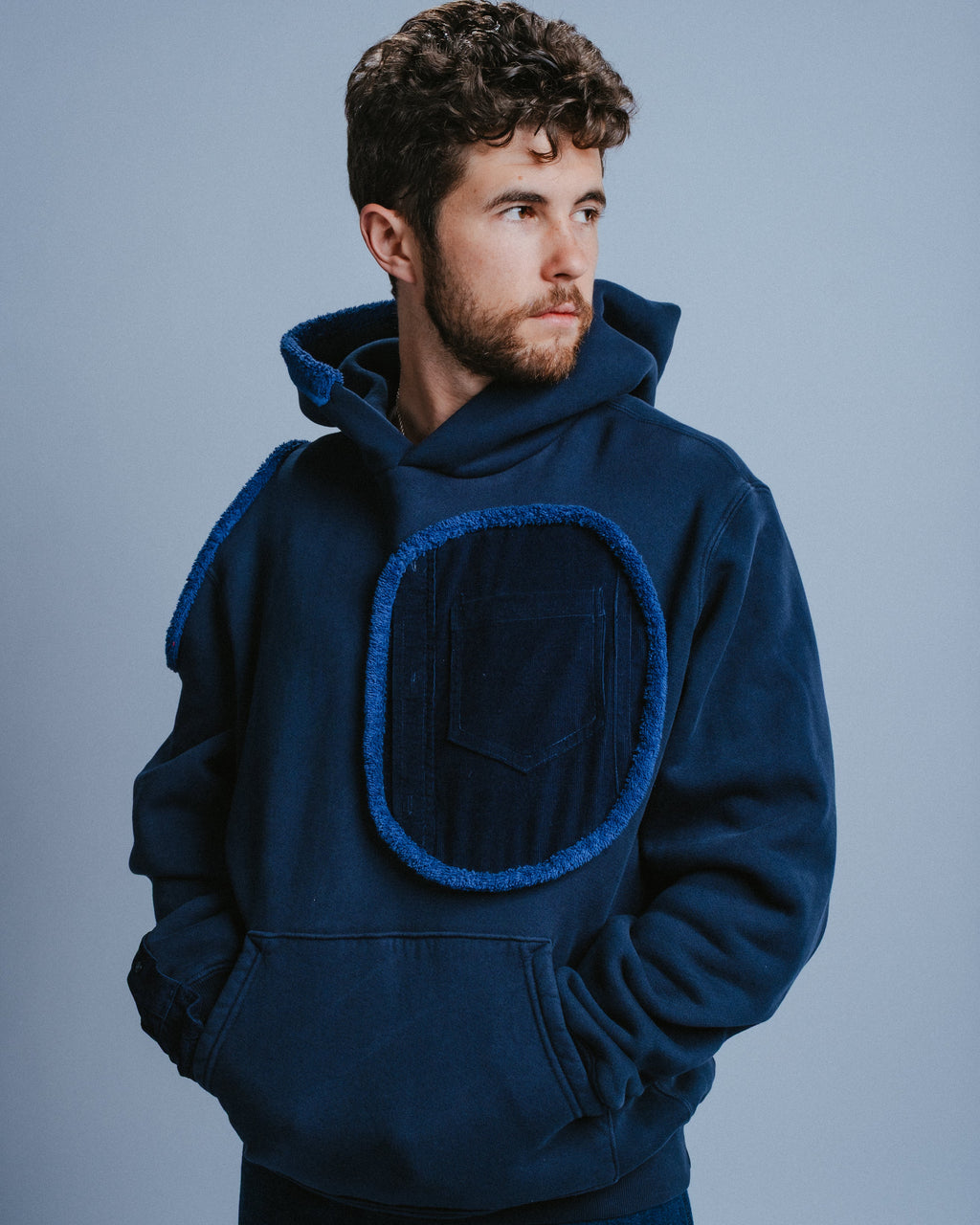 Hoodie in Navy with Terry Cloth Shoulder Cutout and Dot Detail