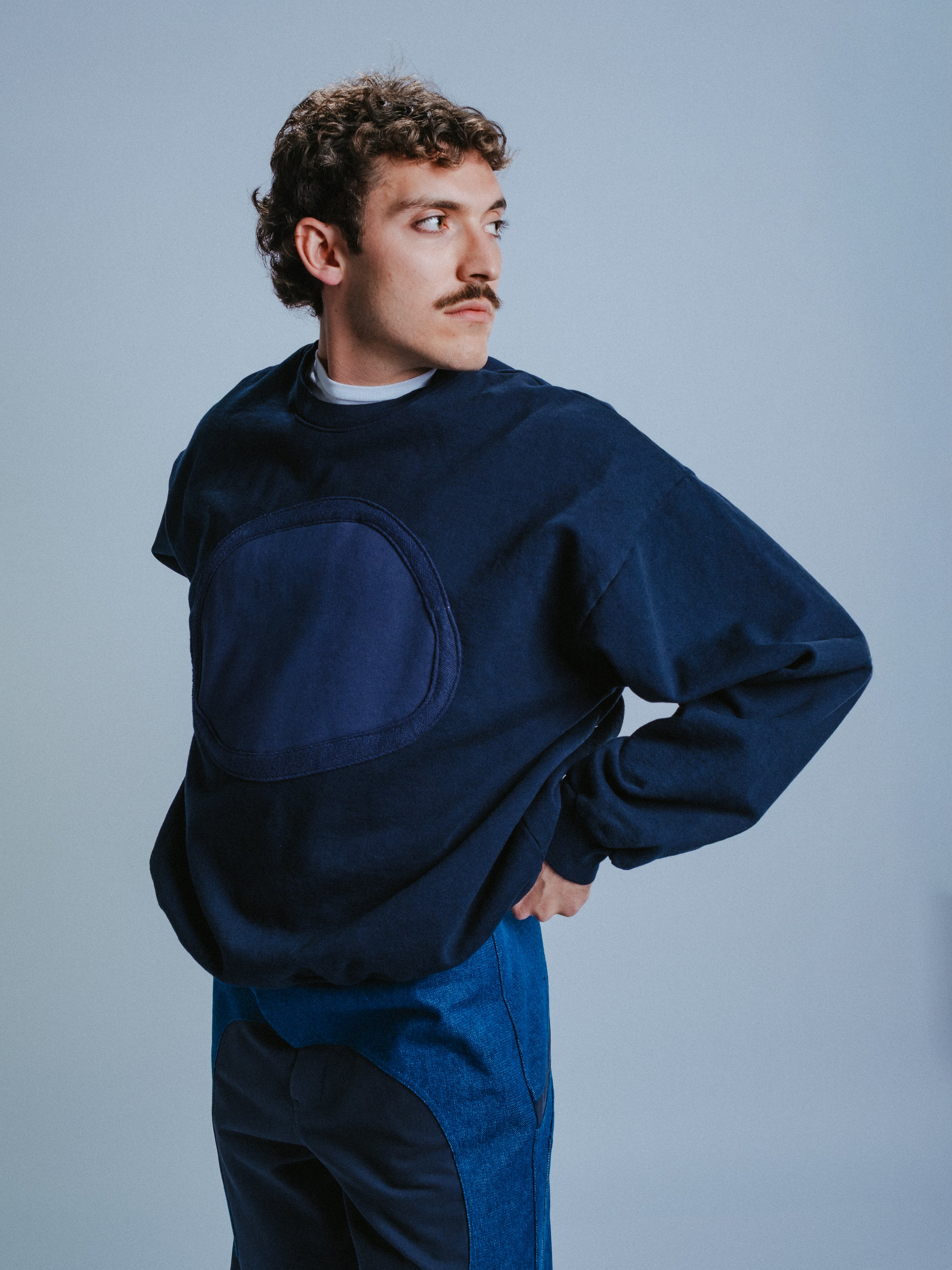Crewneck Pullover in Navy with Terry Cloth Dot Detail