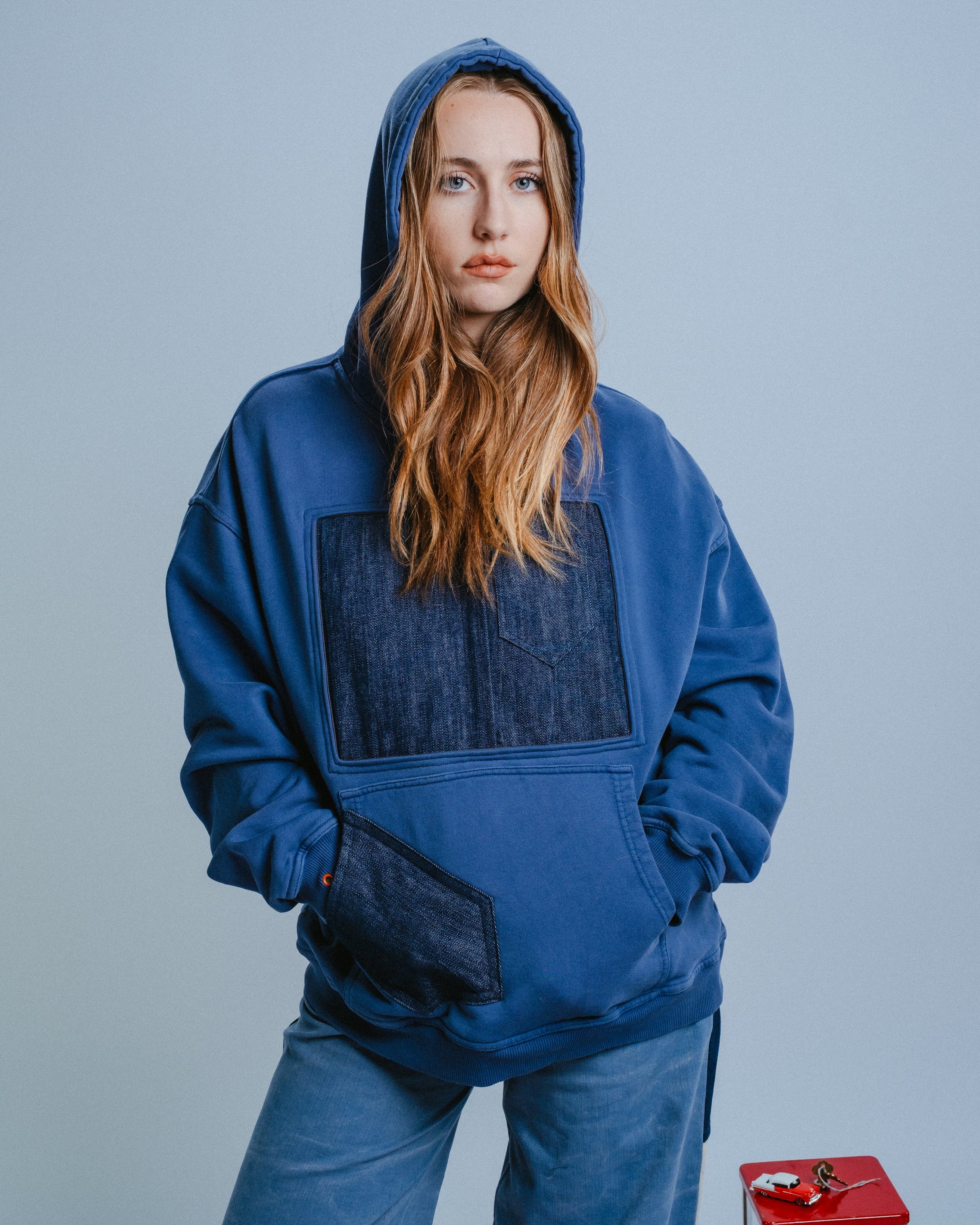 Hoodie in Blue with Denim Menswear Detail and Tie Cutout