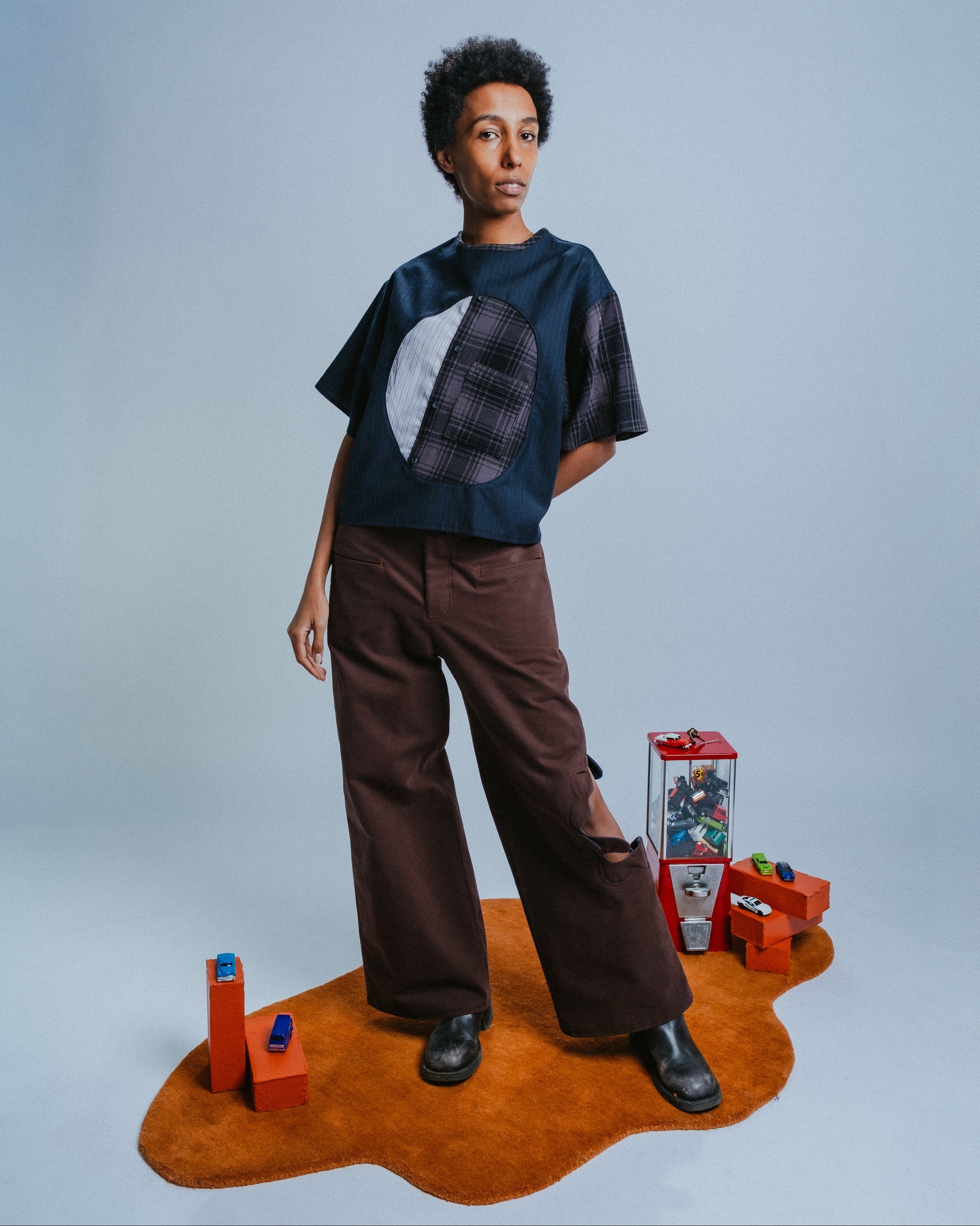 Straight-Leg Pants in Brown with Amoeba Cutout and Built-In Belt