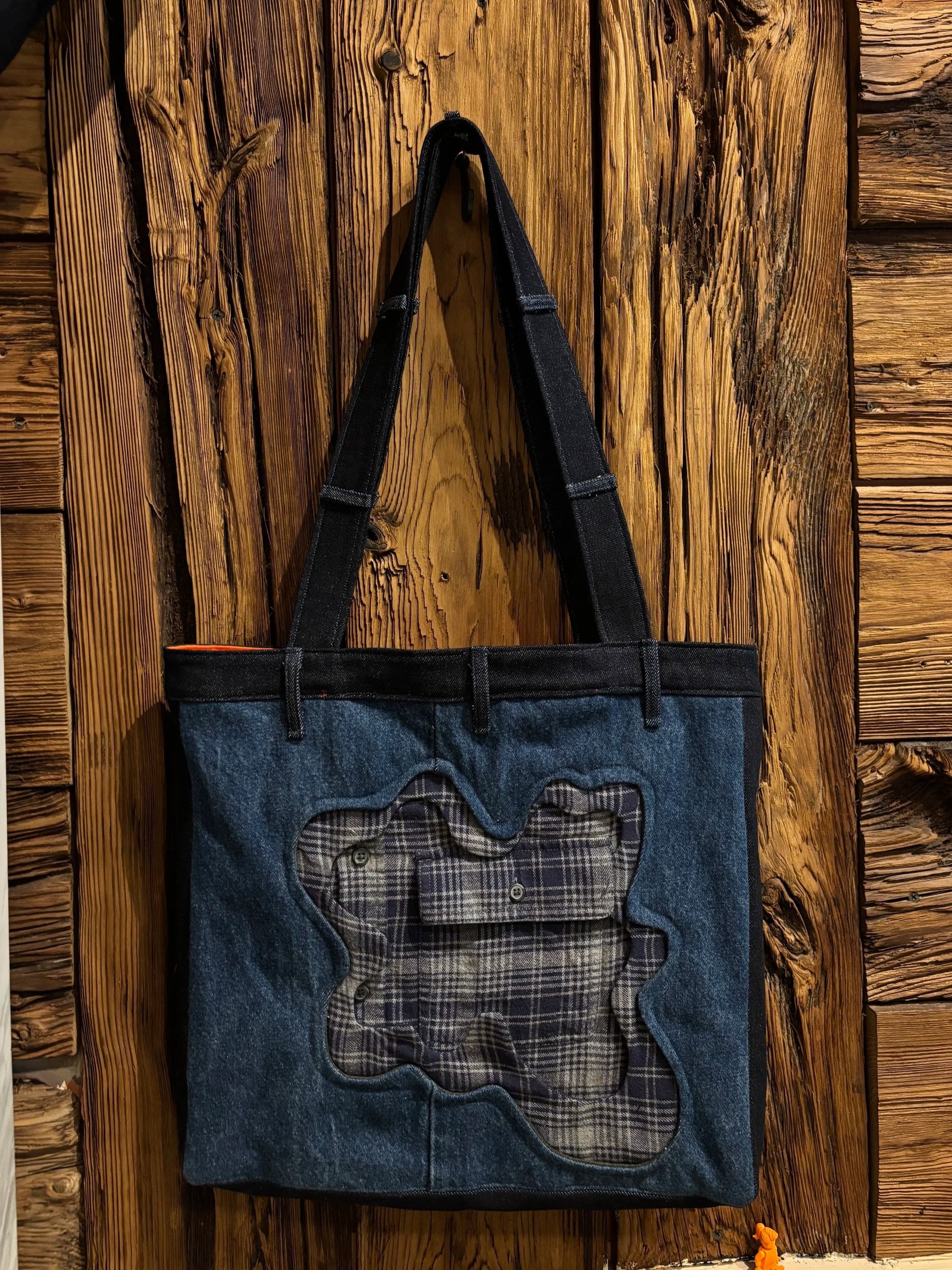 Denim Bag with Amoeba Plaid Detail and Fly Pocket