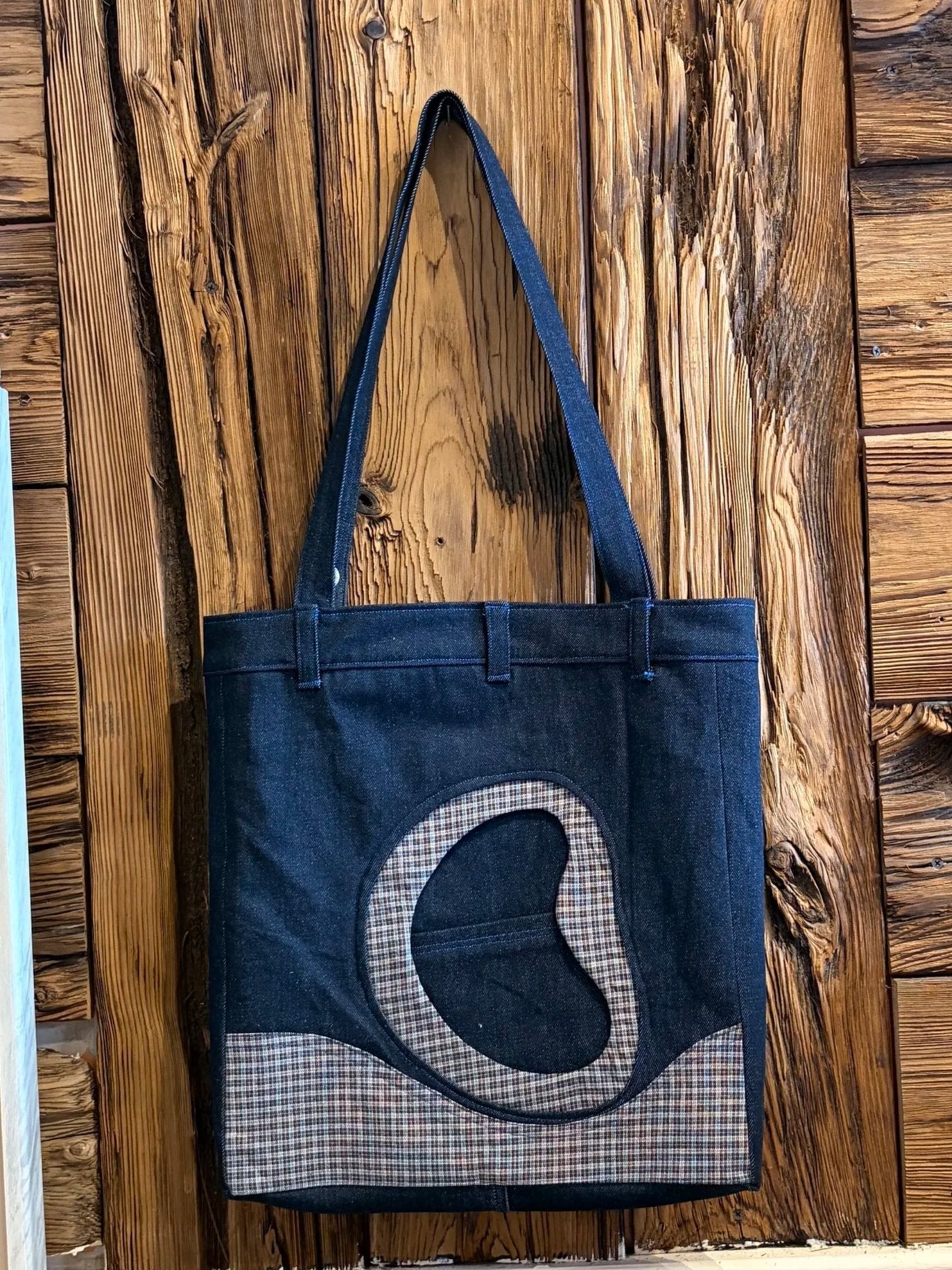 Denim Bag with Circular Plaid Detail and Fly Pocket